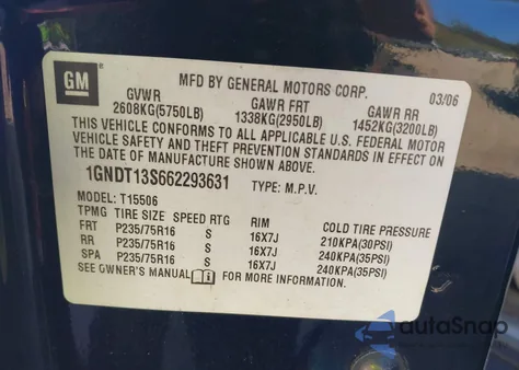 2006 Chevrolet Trailblazer Ls из США, поврежденный, VIN 1GNDT13S662293631